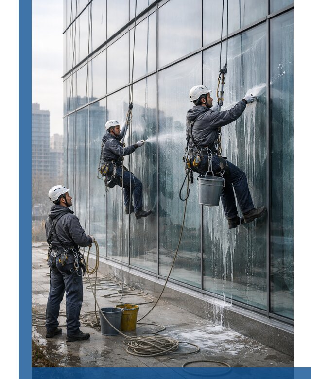 Промышленная мойка панорамных окон на высоте в Великих Луке