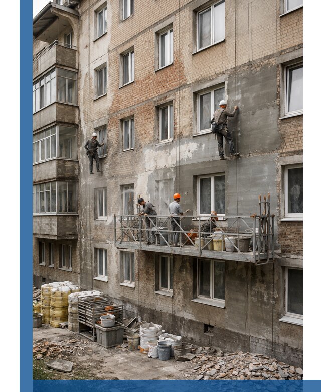 Капитальный ремонт фасада в Великих Луке с восстановлением и гидроизоляцией