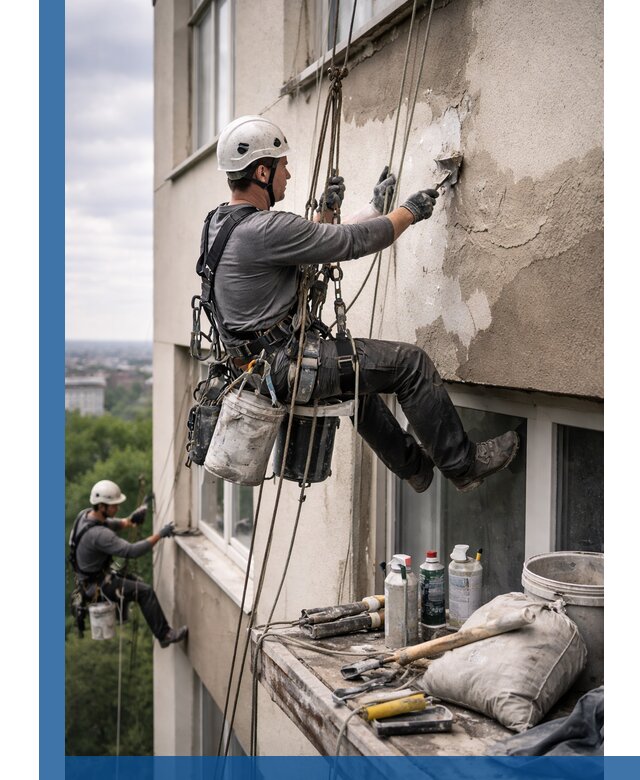 Косметический ремонт фасада зданий в Великих Луке промышленными альпинистами