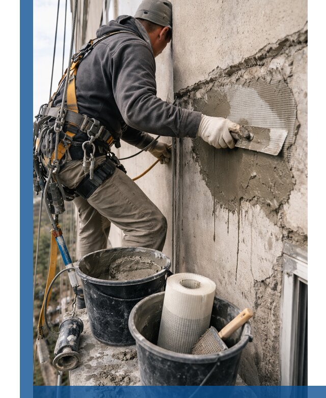 Ремонт бетонных элементов фасада промышленными альпинистами в Великих Луке