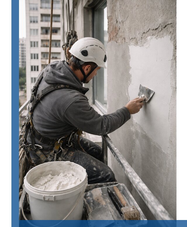 Шпаклевка фасадов на высоте с промальпинистами в Великих Луке