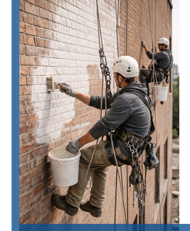 Покраска кирпичного фасада с доступным альпинистским сервисом в Великих Луке