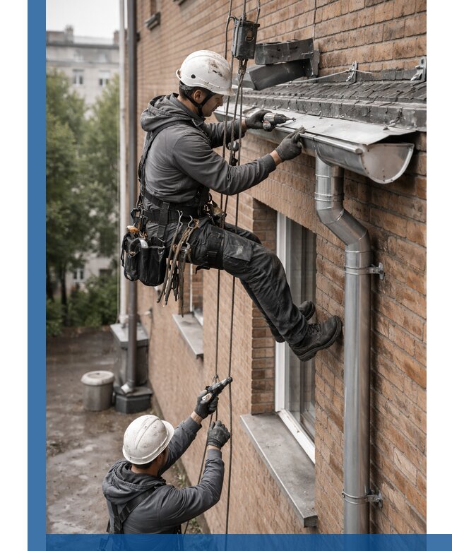 Монтаж водосточной системы на здании в Великих Луке под ключ