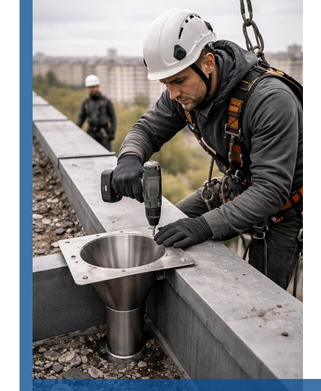 Монтаж водосточных воронок в Великих Луке для промышленных зданий