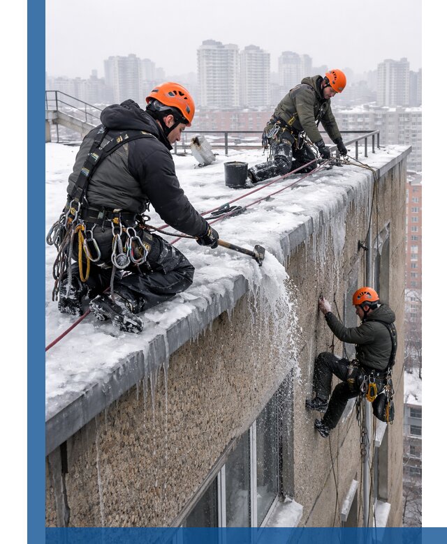 Удаление наледи с кровли в Великих Луке промышленными альпинистами