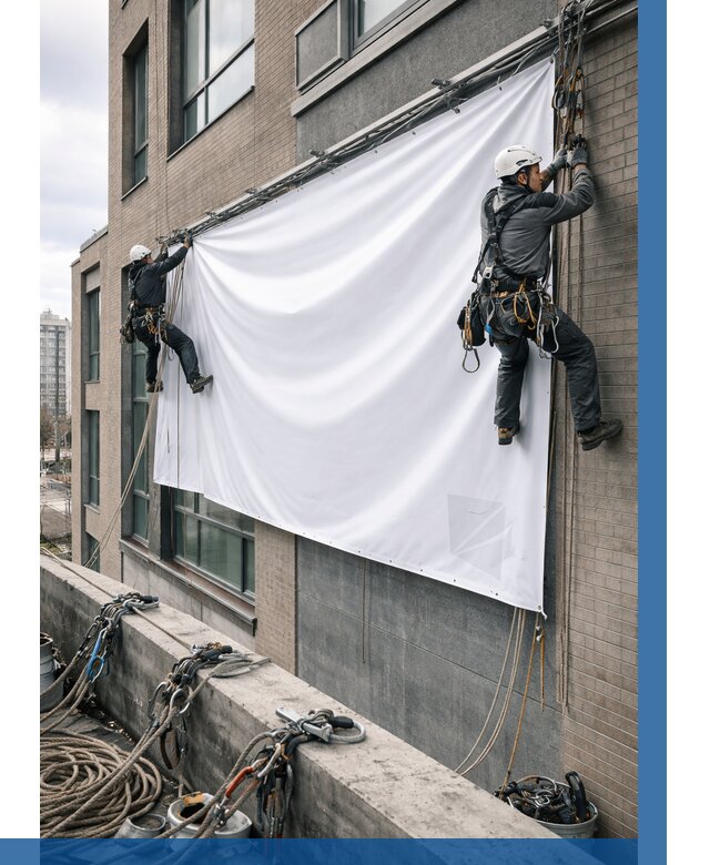 Монтаж баннеров на фасаде в Великих Луке от 672 р. заказать ВЫСОТНИК-Вкл