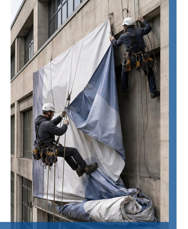 Демонтаж баннеров с фасада в Великих Луке от 4652 р. | ВЫСОТНИК-Вкл