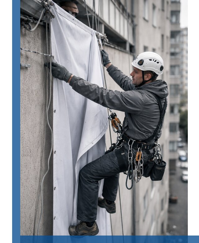 Замена баннерного полотна промышленными альпинистами в Великих Луке