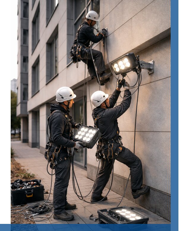 Монтаж прожекторов на фасаде в Великих Луке от 7753 р. | ВЫСОТНИК-Вкл