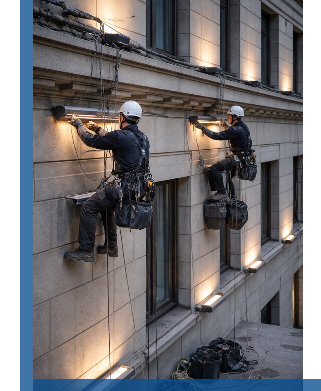 Монтаж архитектурной подсветки фасадов зданий в Великих Луке