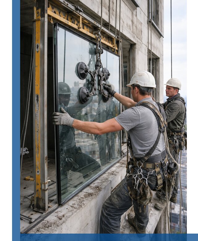 Монтаж стеклопакетов на высоте в Великих Луке с промышленным альпинизмом