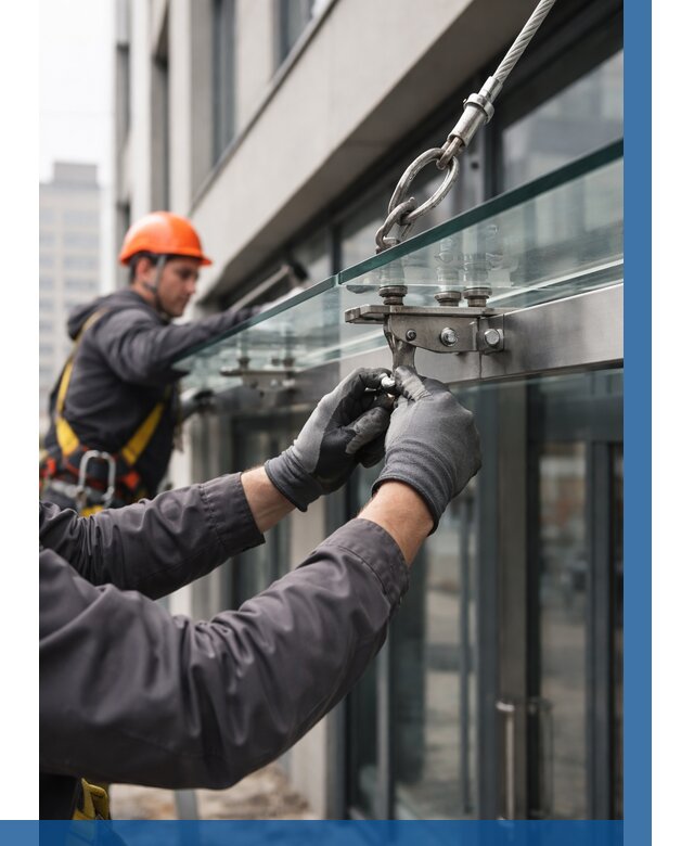 Монтаж стеклянных козырьков в Великих Луке от 8786 р. | ВЫСОТНИК-Вкл