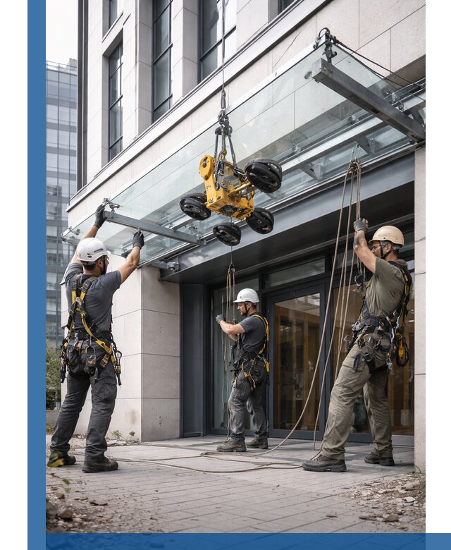 Монтаж стеклянных козырьков под ключ в Великих Луке для зданий