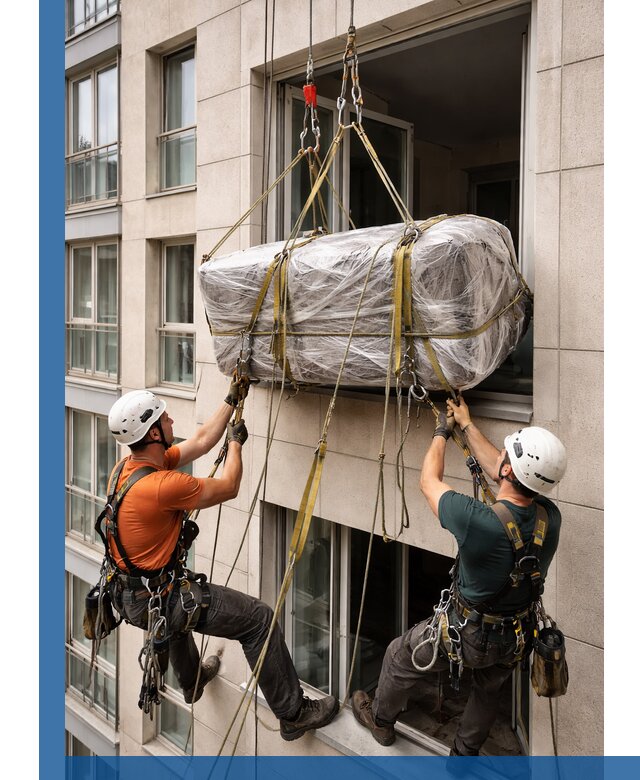 Подъем грузов через окно в Великих Луке промышленными альпинистами