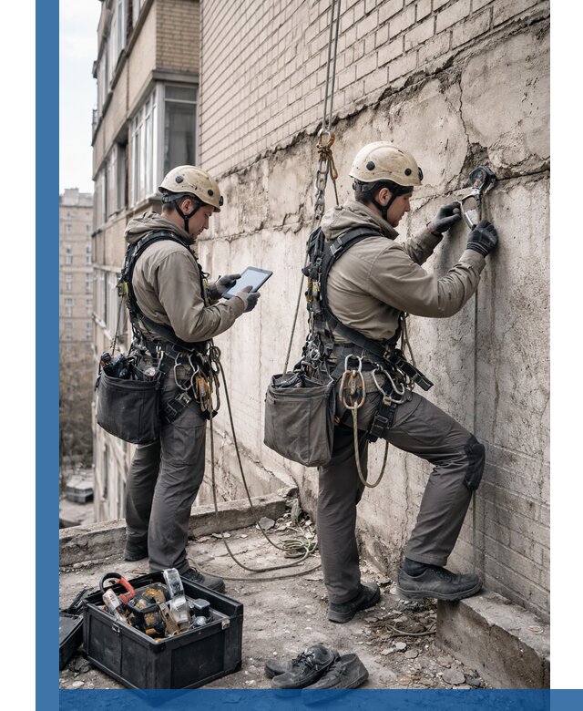 Обследование фасада промышленными альпинистами в Великих Луке